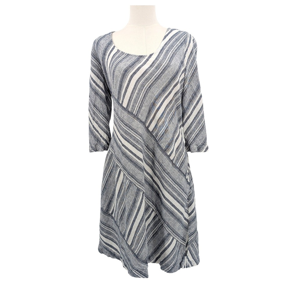 Soft‎ Surroundings Linen Blend Striped Dress MP | Asymmetrical Hem A-Line Dress
